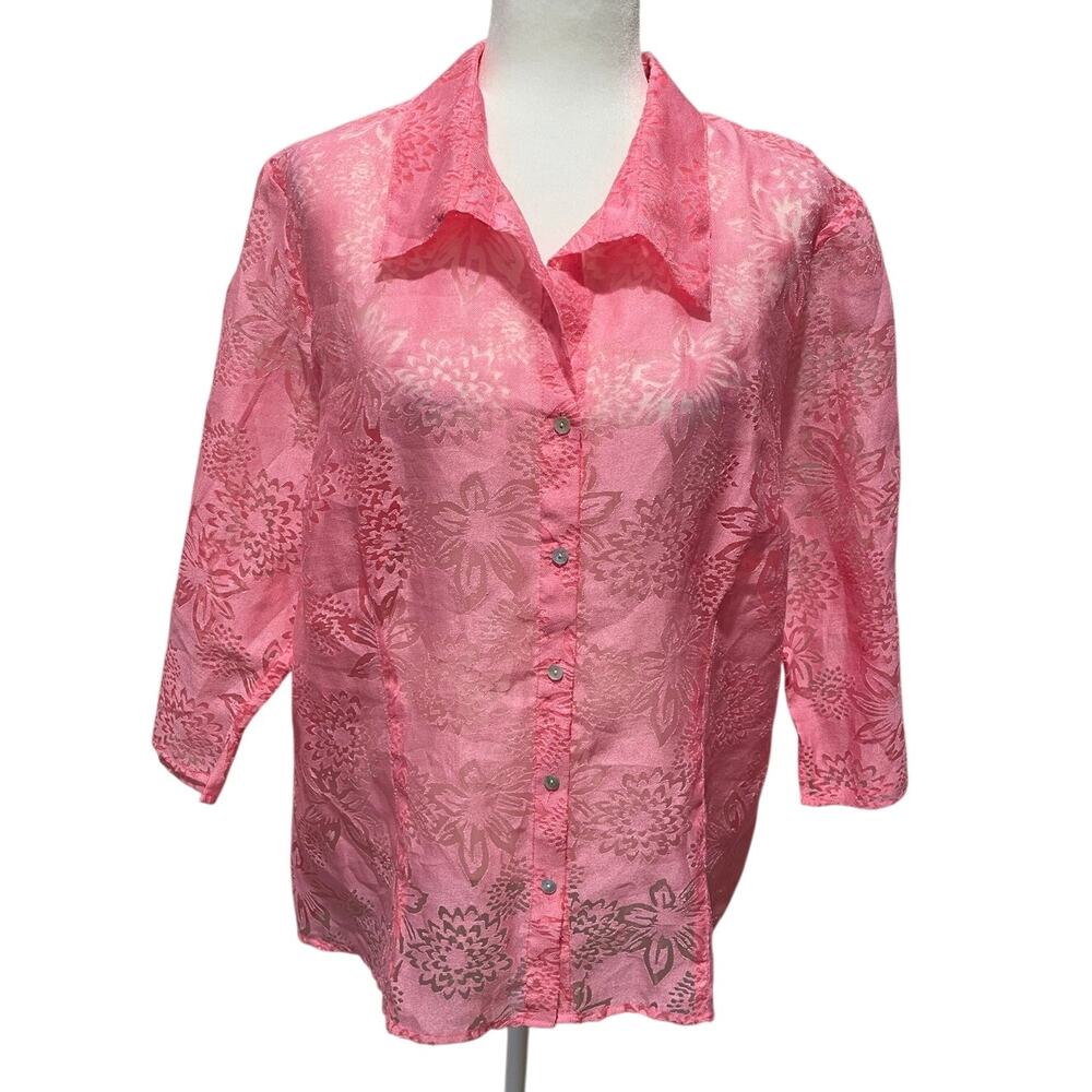 Susan Graver Style Burnout Blouse Linen Blend Top Sz XL Pink 3/4 Sleeves Cottage